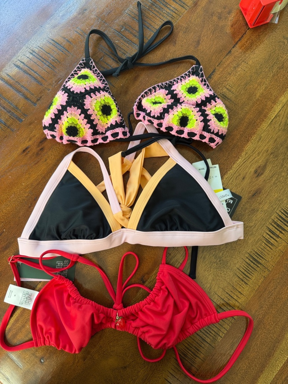 Salt + Cove Crochet Neon Floral Triangle Bikini Top - Black, Pink, Neon Yellow